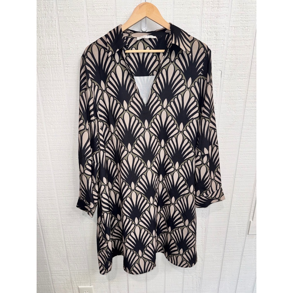 Preston & York Shift Dress Women Black Tan Geometric Fan Print Size 18